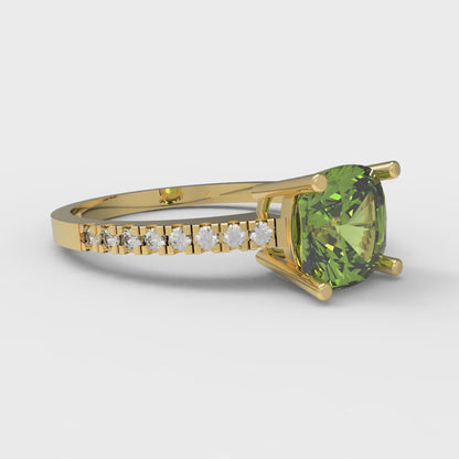 2.7 cttw Natural Peridot Solitaire with Zirconia Simulated Diamond Accents Engagement Ring - Solid Gold (Cushion Cut,6.5mm)