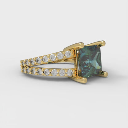 2.48 cttw Blue Moissanite Solitaire with Zirconia Simulated Diamond Accents Engagement Ring - Solid Gold (Princess Cut,7.0mm)