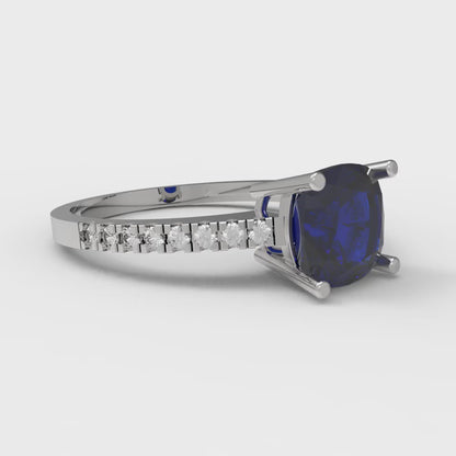 2.7 cttw Simulated Blue Sapphire Solitaire with Zirconia Simulated Diamond Accents Engagement Ring - Solid Gold (Cushion Cut,6.5mm)