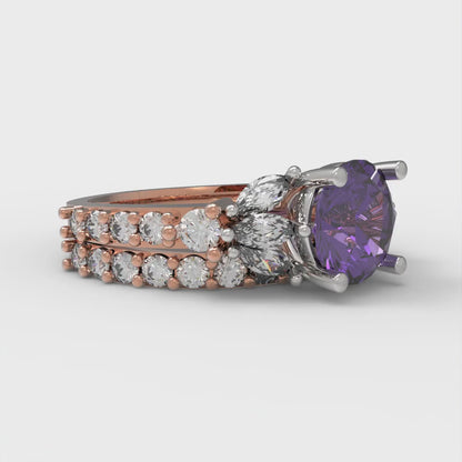 2.94 cttw Round Cut Natural Amethyst Bridal Set - Solid Rose/White Gold Engagement Ring & Wedding Band