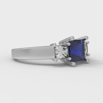 1.11 cttw Simulated Blue Sapphire Three-Stone Engagement Ring - Solid White Gold (VVS1, Princess Cut,5.0mm)