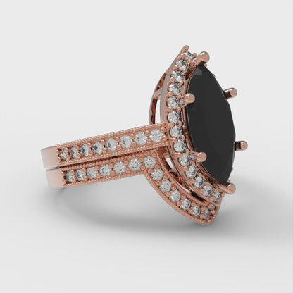 2.4875 cttw Marquise Cut Natural Onyx Bridal Set - Solid Rose Gold Engagement Ring & Wedding Band