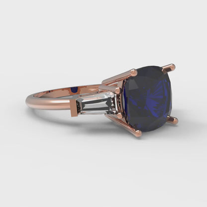 3 cttw Simulated Blue Sapphire Three-Stone Engagement Ring - Solid Gold (Cushion Cut,8.0mm)