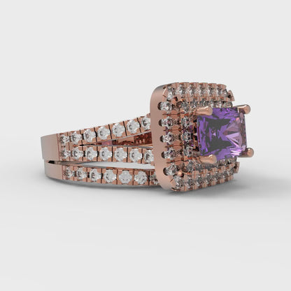 3.05 cttw Emerald Cut Simulated Alexandrite Bridal Set - Solid Rose Gold Engagement Ring & Wedding Band