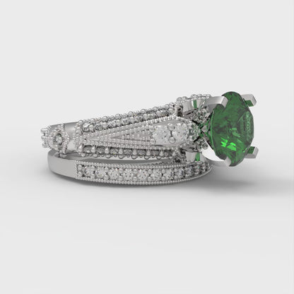 2.095 cttw Round Cut Simulated Emerald Bridal Set - Solid White Gold Engagement Ring & Wedding Band