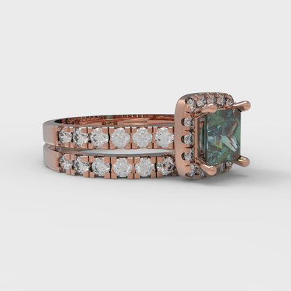 1.56 cttw Princess Cut Blue Moissanite Bridal Set - Solid Rose Gold Engagement Ring & Wedding Band