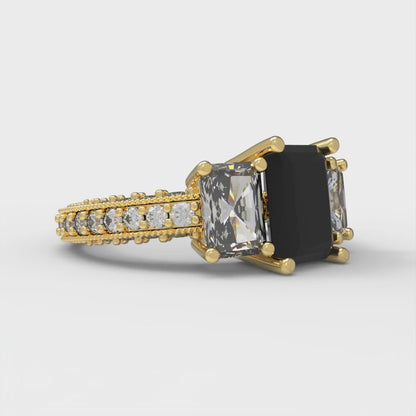 3.61 cttw Natural Onyx Three-Stone Engagement Ring - Solid Gold (Emerald Cut,8x6mm)