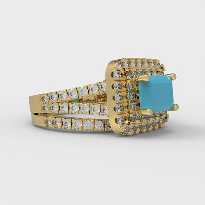 3.05 cttw Emerald Cut Simulated Turquoise Bridal Set - Solid Yellow Gold Engagement Ring & Wedding Band