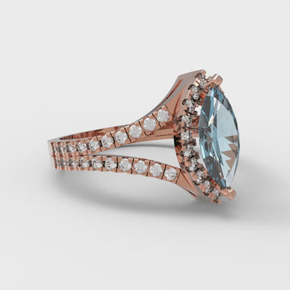 1.2 cttw Natural Aquamarine Hidden Halo Engagement Ring - Solid Gold (Marquise Cut,9x4.5mm)