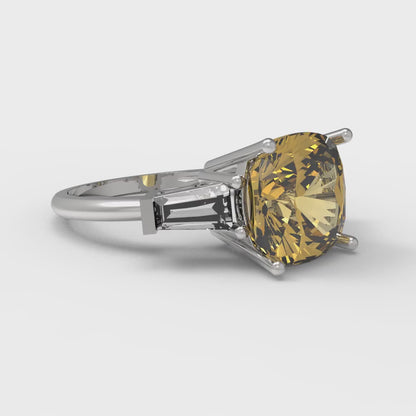 3 cttw Zirconia Simulated Yellow Diamond Three-Stone Engagement Ring - Solid Gold (VVS1, Cushion Cut,8.0mm)