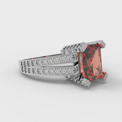 2.35 cttw Zirconia Simulated Red Diamond Solitaire with Zirconia Simulated Diamond Accents Engagement Ring - Solid White Gold (VVS1, Emerald Cut,8x6mm)