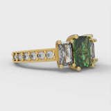 1.82 ct Brilliant Emerald Cut Simulated Emerald Stone Yellow Gold Solitaire with Accents Three-Stone Ring