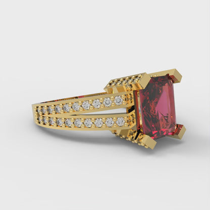2.45 cttw Natural Garnet Solitaire with Zirconia Simulated Diamond Accents Engagement Ring - Solid Yellow Gold (VVS1, Emerald Cut,8x6mm)