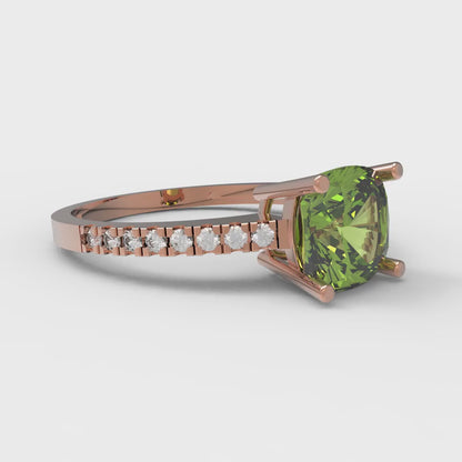 2.7 cttw Natural Peridot Solitaire with Zirconia Simulated Diamond Accents Engagement Ring - Solid Gold (Cushion Cut,6.5mm)