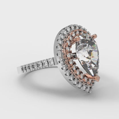 2.48 cttw Moissanite Hidden Halo Engagement Ring - Solid White/Rose Gold (VVS1, Pear Cut,10X7mm )