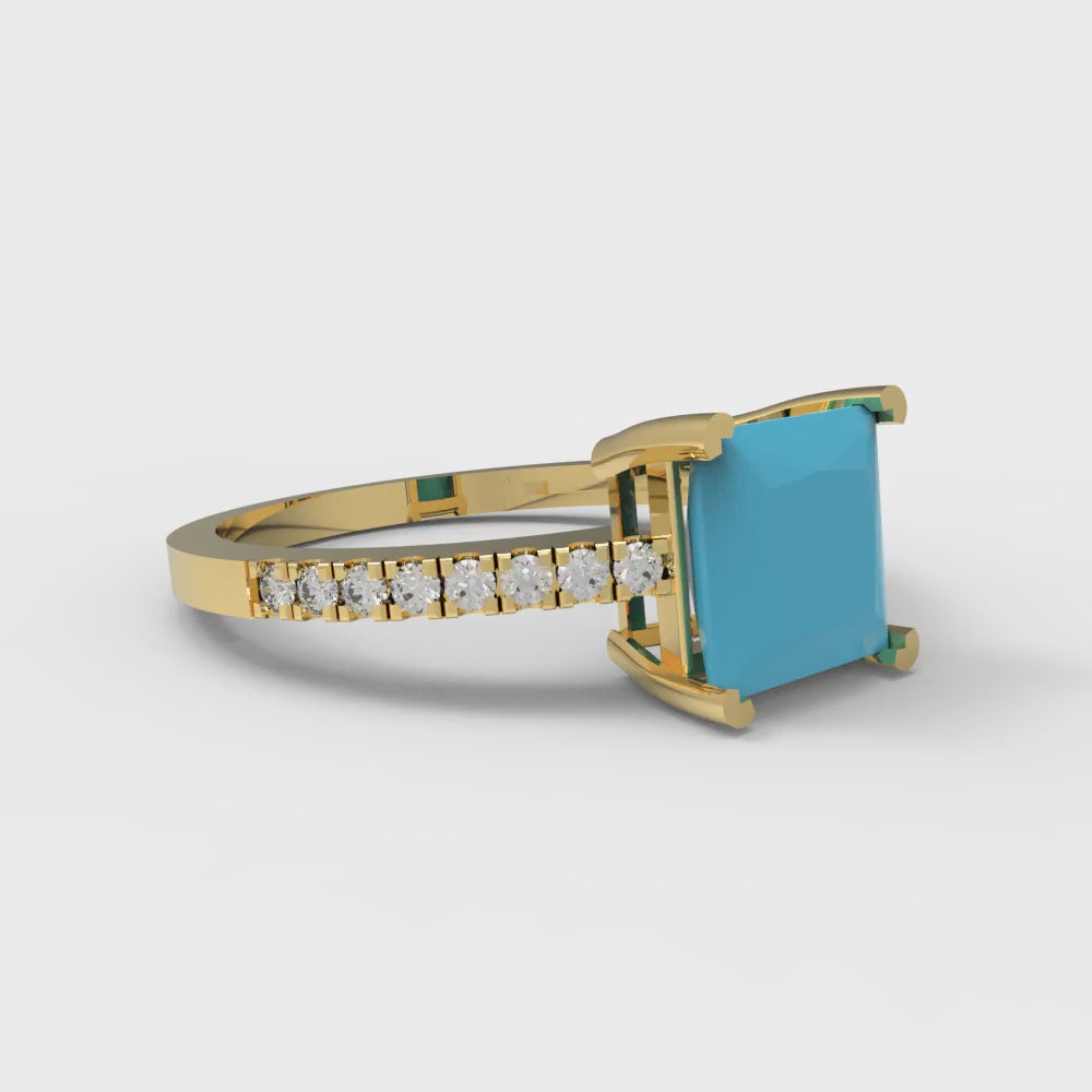 1.62 cttw Simulated Turquoise Solitaire with Zirconia Simulated Diamond Accents Engagement Ring - Solid Gold (Princess Cut,6.5mm)