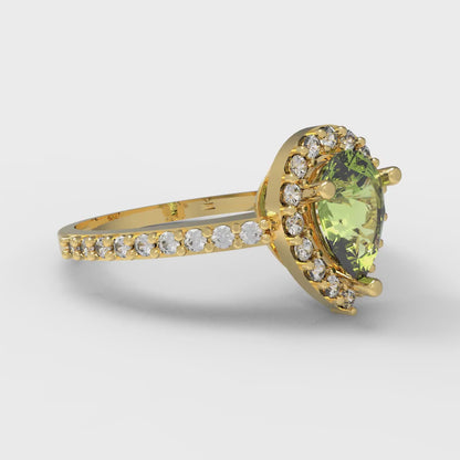 0.755 cttw Natural Peridot Solitaire with Zirconia Simulated Diamond Accents Engagement Ring - Solid Gold (Pear Cut,7x5mm )