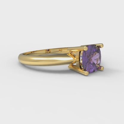 1 cttw Natural Amethyst Solitaire  Engagement Ring - Solid Yellow Gold (VVS1, Cushion Cut,6mm)