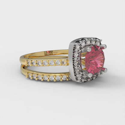 1.495 cttw Round Cut Simulated Pink Tourmaline Bridal Set - Solid Yellow/White Gold Engagement Ring & Wedding Band