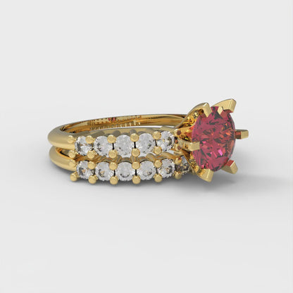 1.66 cttw Round Cut Simulated Ruby Bridal Set - Solid Yellow Gold Engagement Ring & Wedding Band