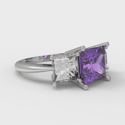 2.5 cttw Simulated Alexandrite Three-Stone Engagement Ring - Solid White Gold  (VVS1, Princess Cut,6.5 mm)