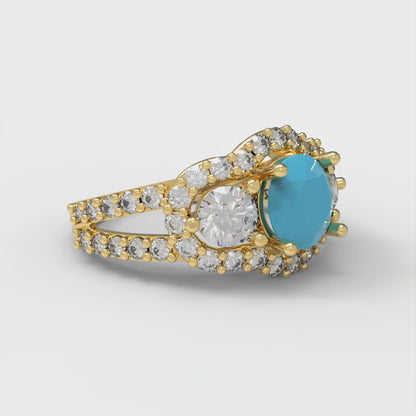 2.16 cttw Simulated Turquoise Three-Stone Engagement Ring - Solid Gold (Round Cut,6.5mm)