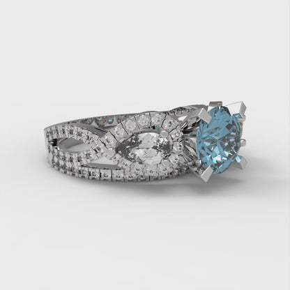 1.925 cttw Round Cut Natural Swiss Blue Topaz Bridal Set - Solid White Gold Engagement Ring & Wedding Band