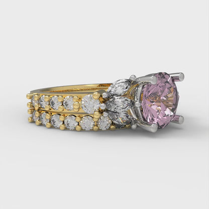 2.94 cttw Round Cut Simulated Pink Diamond Bridal Set - Solid Yellow/White Gold Engagement Ring & Wedding Band