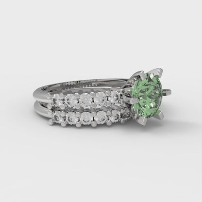 1.66 cttw Round Cut Simulated Green Diamond Bridal Set - Solid White Gold Engagement Ring & Wedding Band