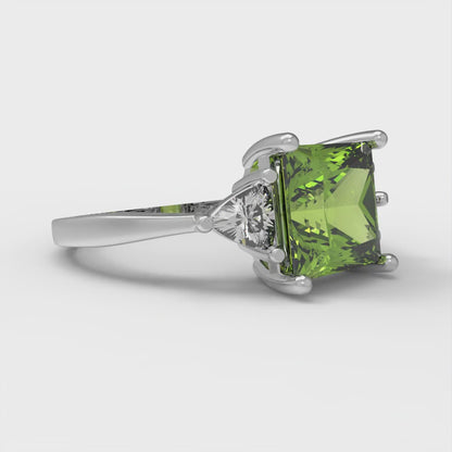 2.32 cttw Natural Peridot Three-Stone Engagement Ring - Solid White Gold (VVS1, Princess Cut,7.0mm)