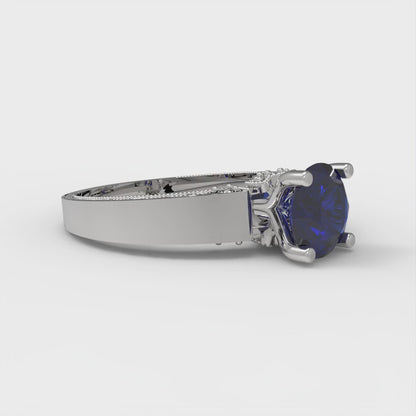 1.06 cttw Simulated Blue Sapphire Solitaire with Zirconia Simulated Diamond Accents Engagement Ring - Solid Gold (Round Cut,6.5mm)