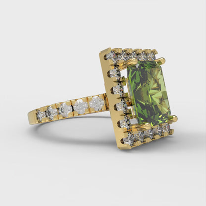 3.84 cttw Natural Peridot Solitaire with Zirconia Simulated Diamond Accents Engagement Ring - Solid Gold (Emerald Cut,9x7mm)