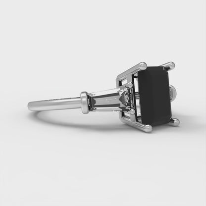 1.5 cttw Natural Onyx Three-Stone Engagement Ring - Solid Gold (Emerald Cut,7.0x5.0mm)