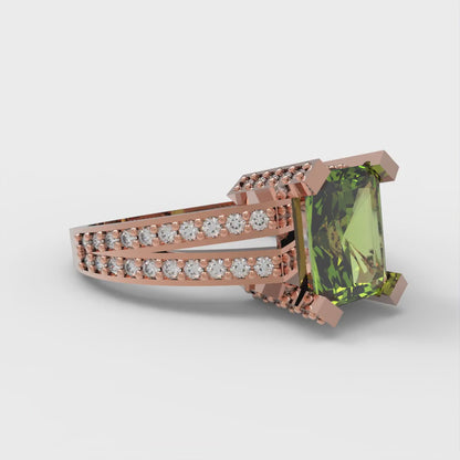 2.45 cttw Natural Peridot Solitaire with Zirconia Simulated Diamond Accents Engagement Ring - Solid Rose Gold (VVS1, Emerald Cut,8x6mm)