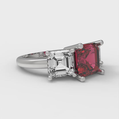 4 cttw Natural Garnet Three-Stone Engagement Ring - Solid Gold (Square Emerald Cut,7.0X7.0mm)