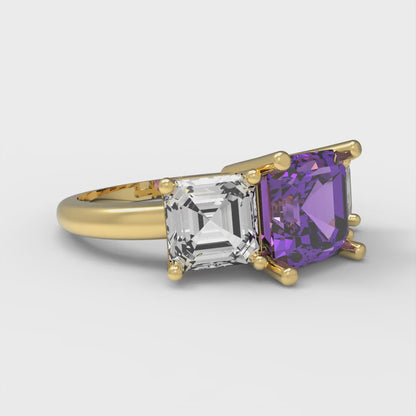 4 cttw Simulated Alexandrite Three-Stone Engagement Ring - Solid Gold (Square Emerald Cut,7.0X7.0mm)