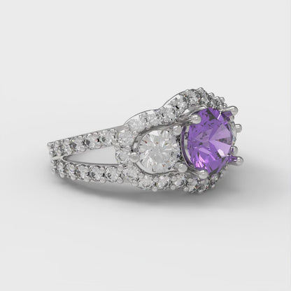 2.16 cttw Simulated Alexandrite Three-Stone Engagement Ring - Solid White Gold (VVS1, Round Cut,6.5mm)