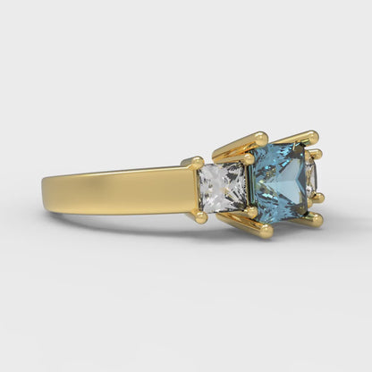 1.11 cttw Zirconia Simulated Blue Diamond Three-Stone Engagement Ring - Solid Yellow Gold (VVS1, Princess Cut,5.0mm)