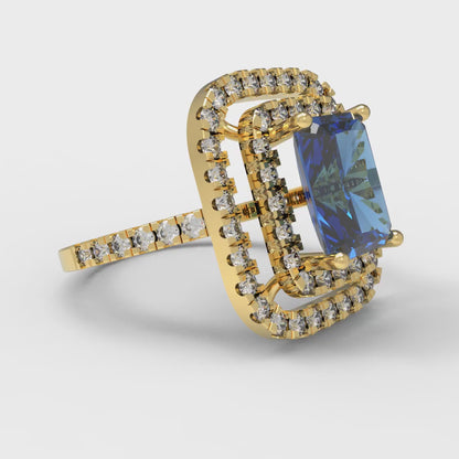 2.62 cttw Simulated Tanzanite Hidden Halo Engagement Ring - Solid Yellow Gold (VVS1, Emerald Cut,8X6.0mm)