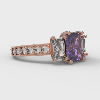 1.88 cttw Simulated Alexandrite Three-Stone Engagement Ring - Solid Rose Gold (VVS1, Emerald Cut,7x5mm)
