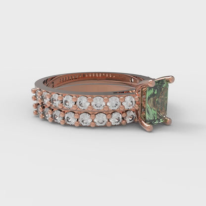 1.325 cttw Emerald Cut Simulated Green Diamond Bridal Set - Solid Rose Gold Engagement Ring & Wedding Band