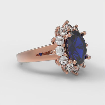 2.72 cttw Simulated Blue Sapphire Hidden Halo Engagement Ring - Solid Gold (Oval Cut,9x7mm)