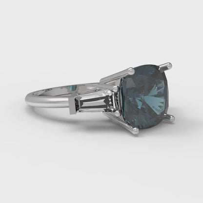 3 cttw Natural London Blue Topaz Three-Stone Engagement Ring - Solid White Gold (VVS1, Cushion Cut,8.0mm)