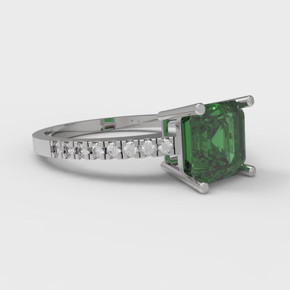 2.7 cttw Simulated Emerald Solitaire with Zirconia Simulated Diamond Accents Engagement Ring - Solid White Gold (VVS1, Asscher Cut,6.5mm)