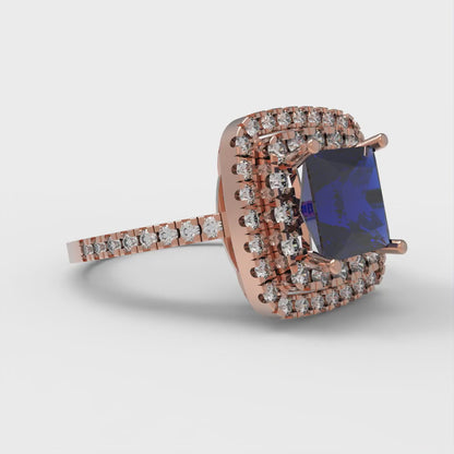 2.07 cttw Simulated Blue Sapphire Hidden Halo Engagement Ring - Solid Rose Gold (VVS1, Princess Cut,6.5mm)