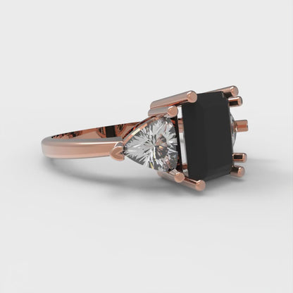 2.82 cttw Natural Onyx Three-Stone Engagement Ring - Solid Gold (Emerald Cut,8x6mm)