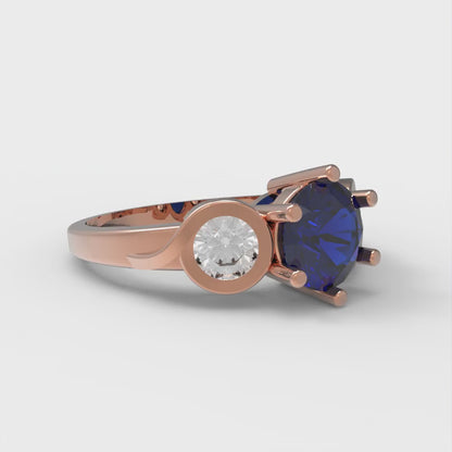 1.72 cttw Simulated Blue Sapphire Three-Stone Engagement Ring - Solid Rose Gold (VVS1, Round Cut,6.5mm)