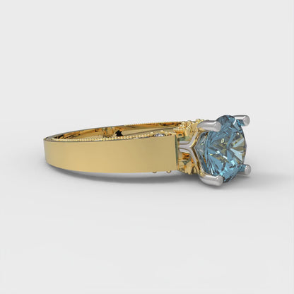 1.06 cttw Natural Aquamarine Solitaire  Engagement Ring - Solid Yellow/White Gold (VVS1, Round Cut,6.5mm)