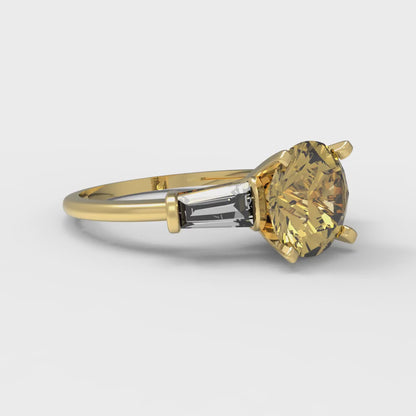 2 cttw Zirconia Simulated Yellow Diamond Three-Stone Engagement Ring - Solid Yellow Gold (VVS1, Round Cut,7.5mm)