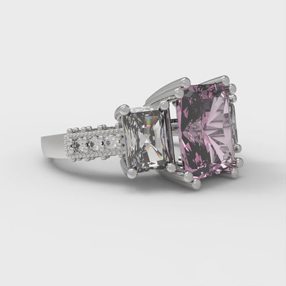 4.27 cttw Zirconia Simulated Pink Diamond Three-Stone Engagement Ring - Solid Gold (VVS1, Emerald Cut,9x7mm)